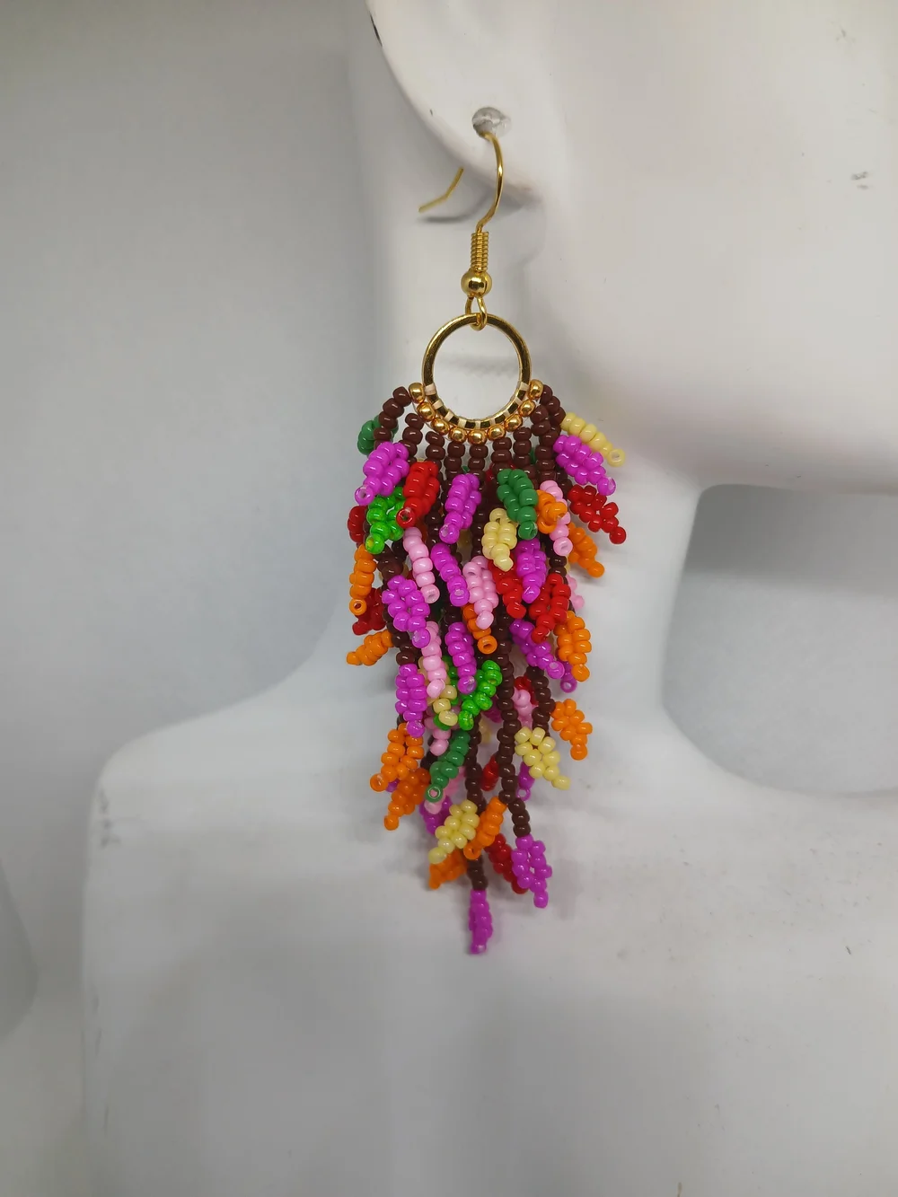 Colorful Multicolor Beaded Fringe Hoop Earrings - Gold Tone
